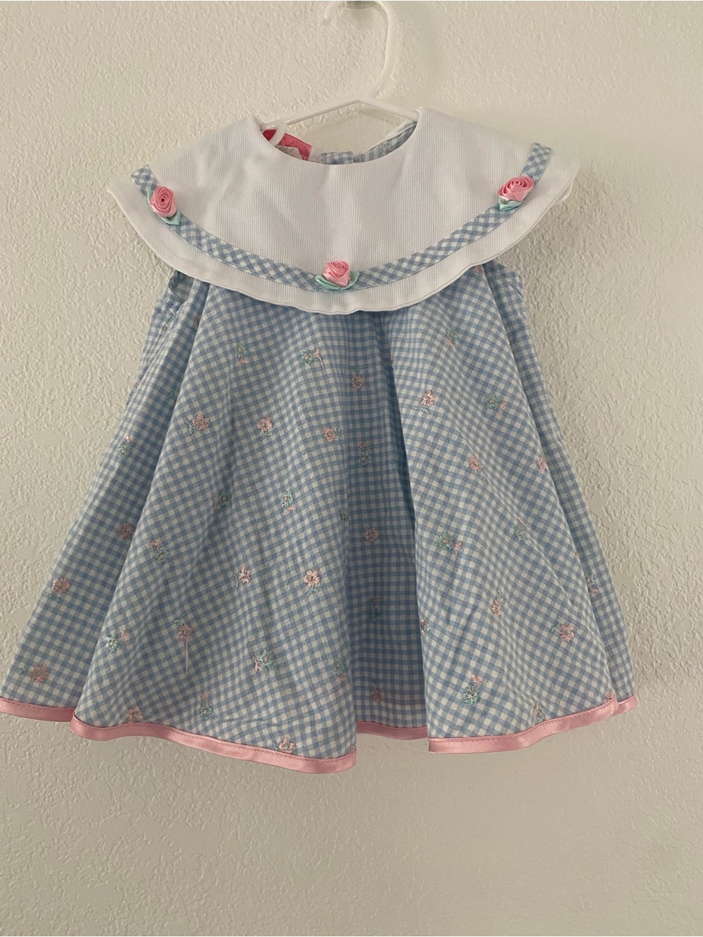 VTG Youngsport Baby Dress 12M Blue Gingham Pink Floral White Bib Collar USA